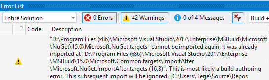 Visual Studio warnings screenshot