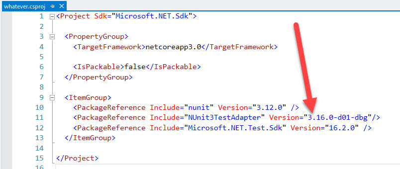 Example csproj showing package reference