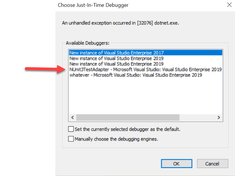 Visual Studio debug launcher selection dialog